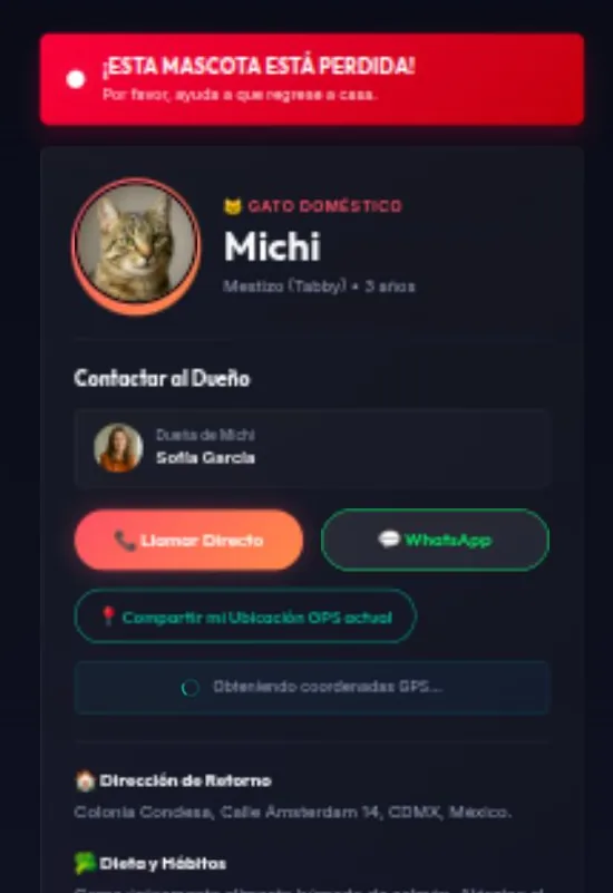 Perfil móvil de la mascota Michi al escanear la placa Chipet