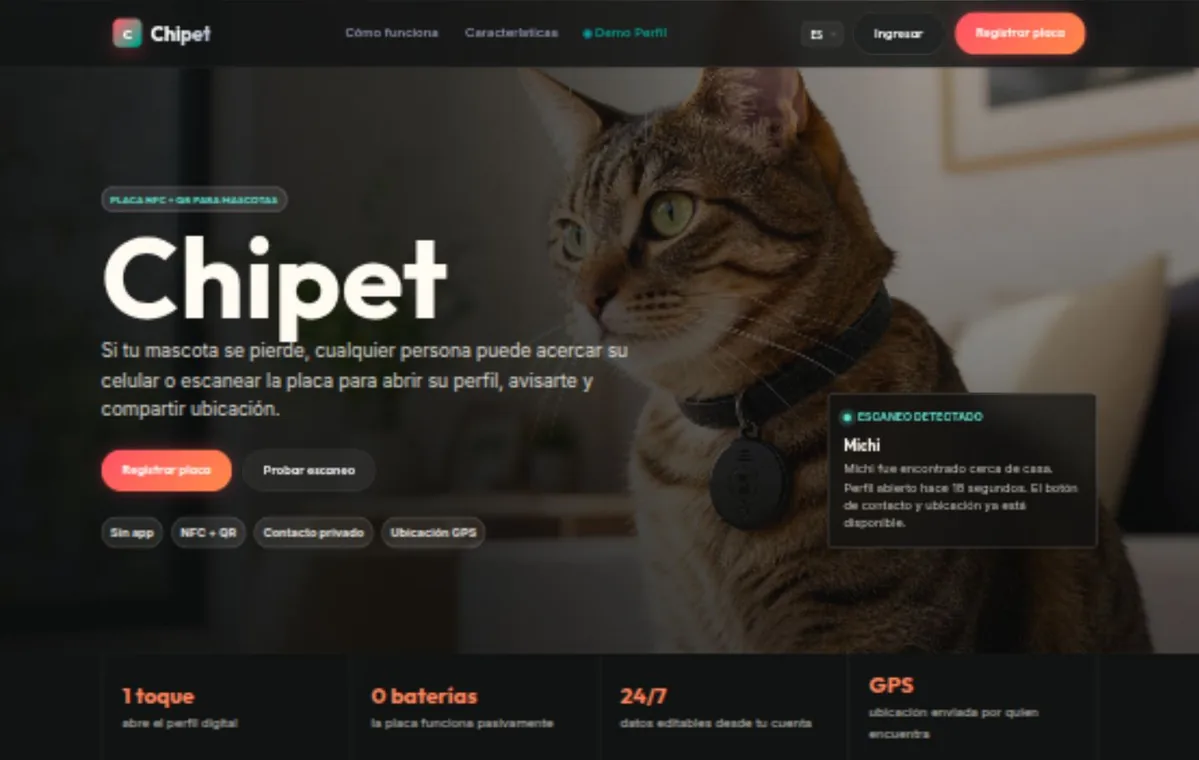 Portada real de Chipet con una placa NFC para mascotas