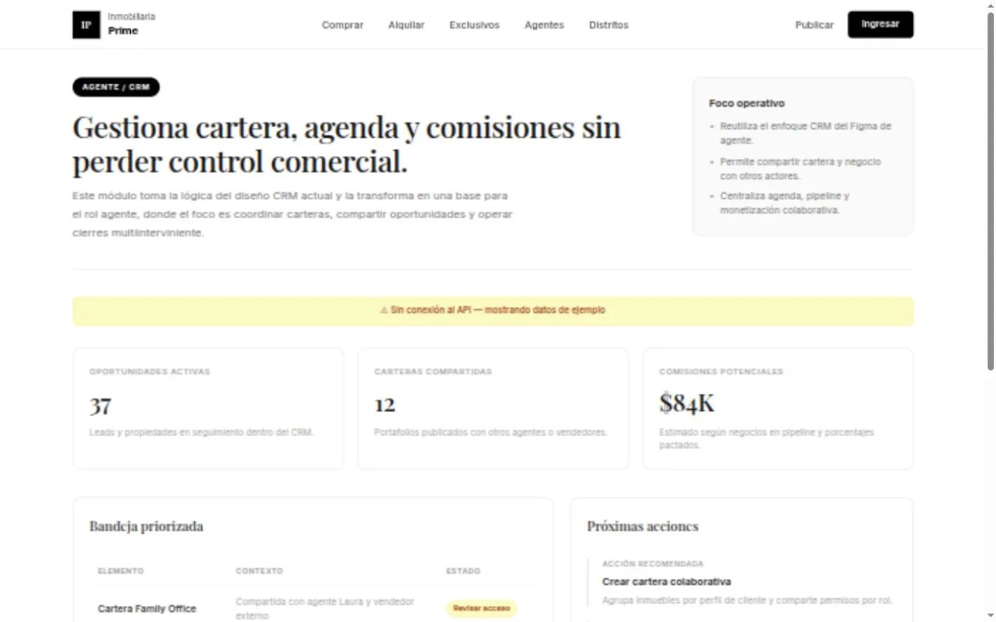 Panel real del rol agente de Inmobiliaria Prime mostrando datos de ejemplo sin API