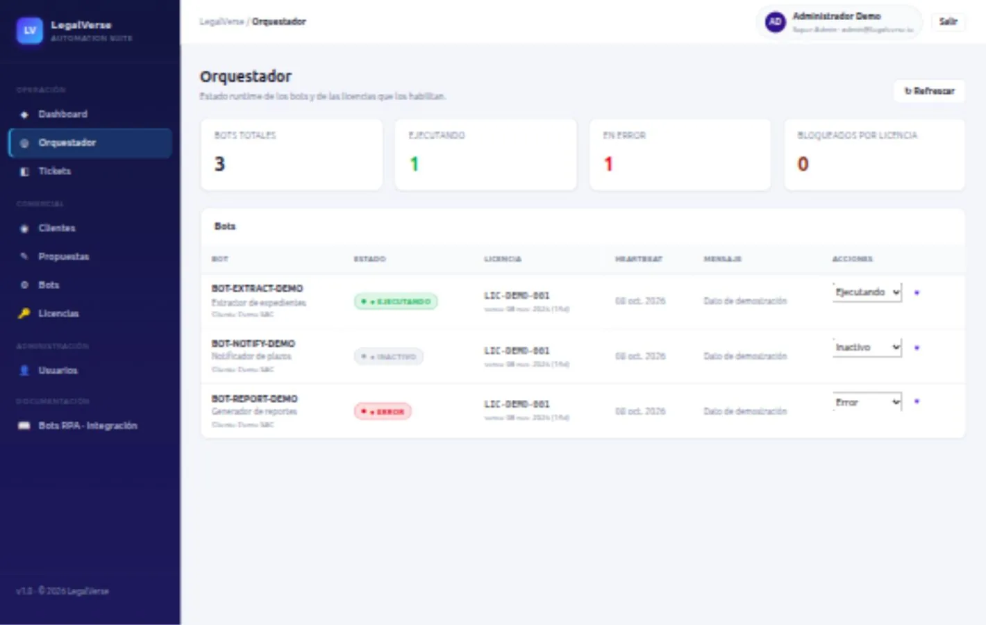 Interfaz del orquestador Legalverse con tres bots de demostración y sus estados