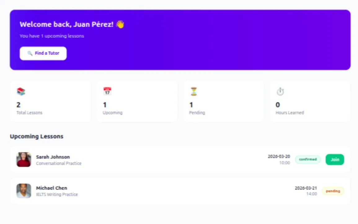 Dashboard real de la demo de clases online para el rol estudiante
