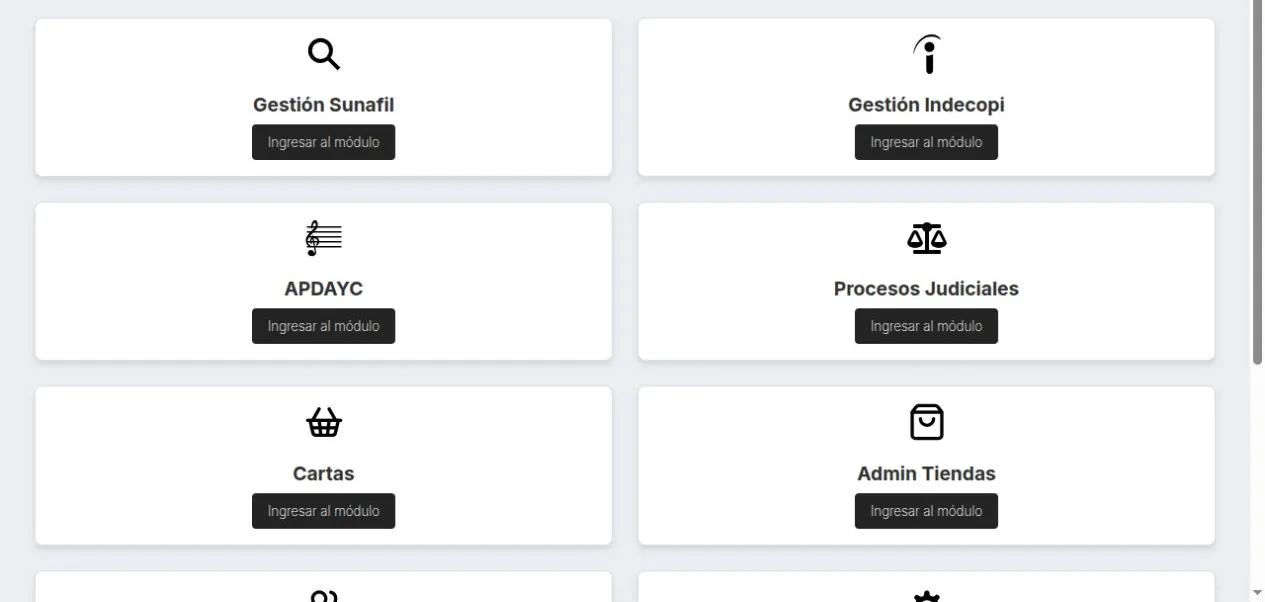 Módulos del frontend de gestión de procesos legales