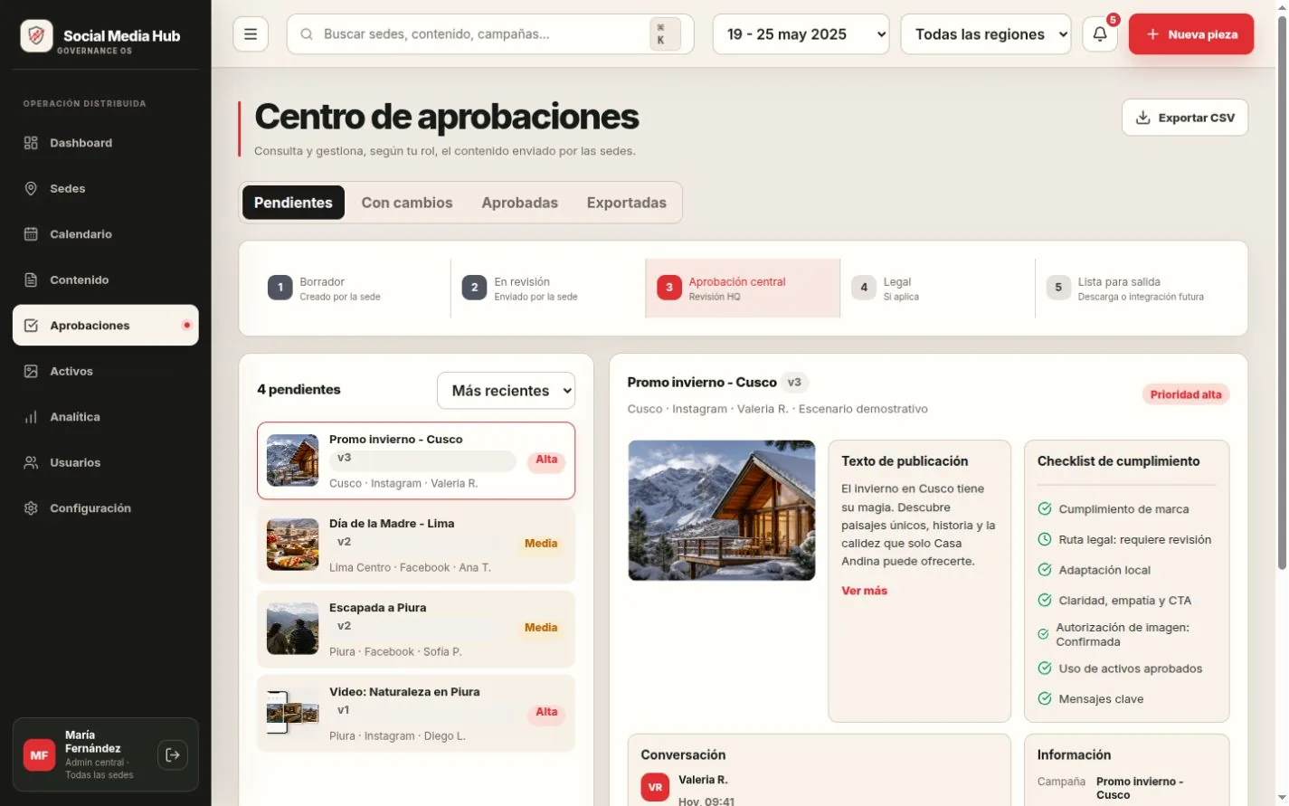 Vista real del centro de aprobaciones de Social Media Hub