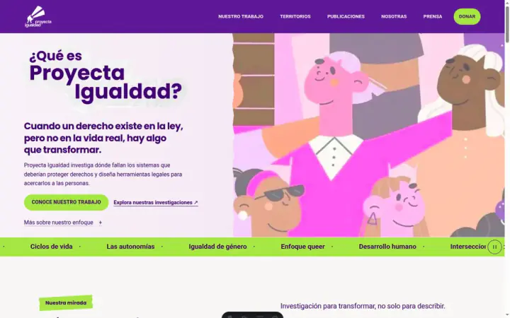 Página principal real de Proyecta Igualdad, con navegación, mensaje e ilustración