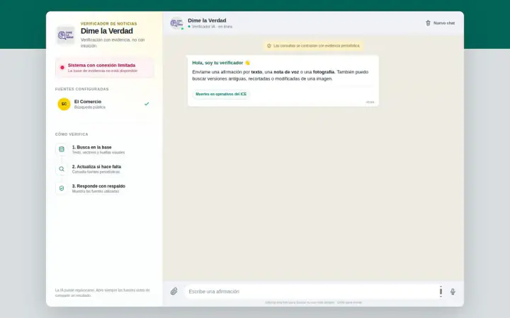 Interfaz real del verificador de noticias Dime la Verdad con chat, fuentes y flujo de revisión
