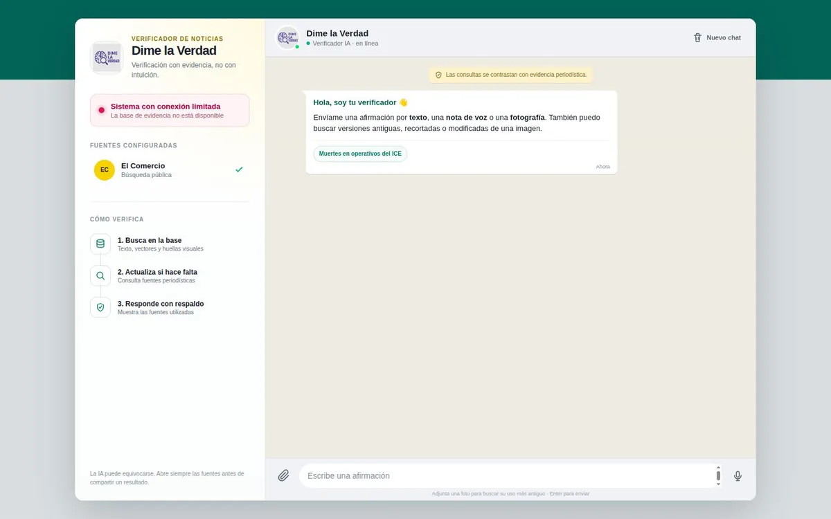 Interfaz real del verificador de noticias Dime la Verdad con chat, fuentes y flujo de revisión